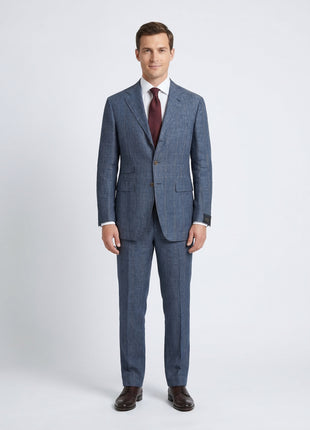 Sartoria Partenopea Men's Blue Windowpane 100% Linen Suit 40R