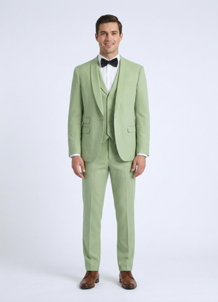 Malone Mens Slim Fit Solid Green Stretch 3 Piece Tuxedo Suit With Shawl Lapels