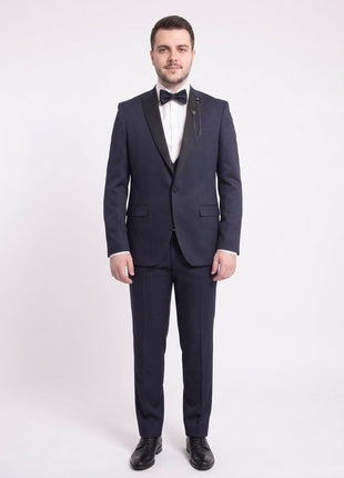 Cemden Extra Slim Fit Navy Blue Textured One Button Tuxedo With Matching Vest