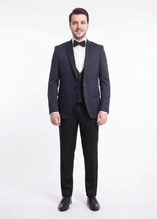 Cemden Extra Slim Fit Navy Blue Textured One Button Tuxedo With Matching Vest