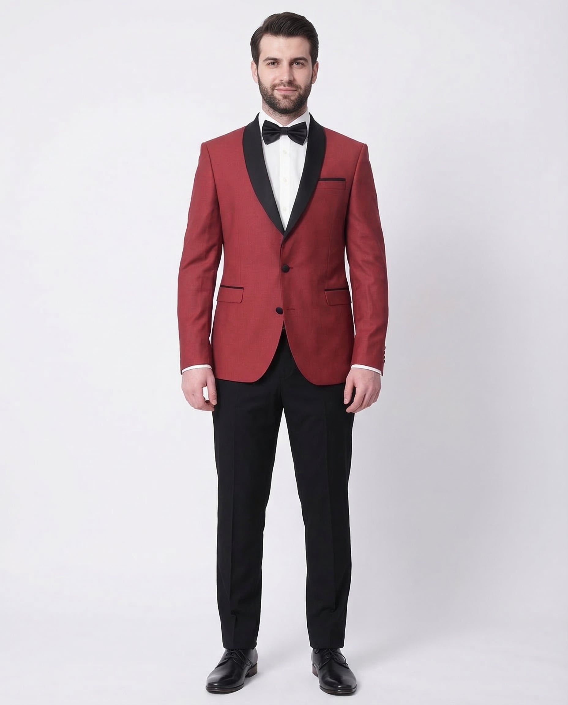 Cengizhan Baybars Men's Solid Red Slim Fit Tuxedo Suit with Black Shawl Lapels, 36 / Regular