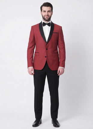 Cengizhan Baybars Men's Solid Red Slim Fit Tuxedo Suit With Black Shawl Lapels
