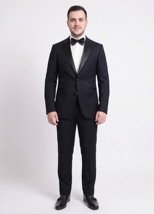Napoli Slim Fit Navy Blue Check Two Button Wool Tuxedo Suit - The Suit Depot