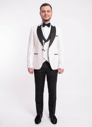 Cemden Slim Fit Textured White One Button Three Piece Tuxedo Suit - The Suit Depot