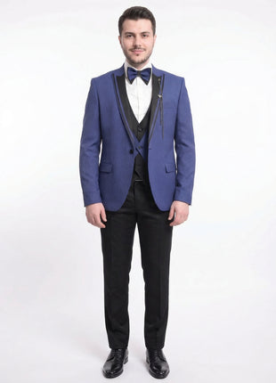 Cemden Extra Slim Fit Blue Diamond Motif One Button Tuxedo With Matching Vest