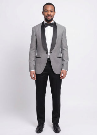 Cemden Slim Fit Silver Link Front Satin Tuxedo Suit Mandarin Collar Shawl Lapels - The Suit Depot