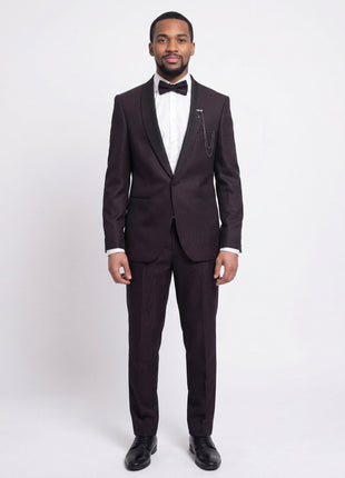 Emilio Gueseppe Slim Fit Burgundy & Black Check Tuxedo Suit With Shawl Lapels