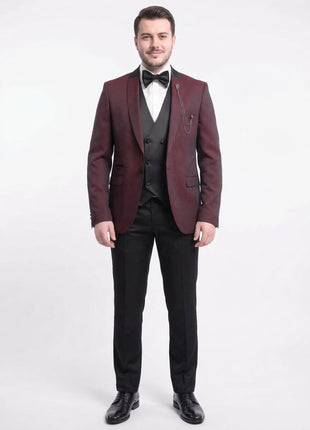 Cemden Extra Slim Fit Burgundy With Black Diamond Check Three Piece Tuxedo