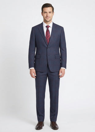 English Laundry Slim Fit Two button Blue with Burgundy Check Peak Lapel Suit - The Suit Depot