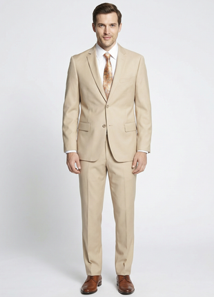 Label M Mens Solid Tan Classic Fit Wool Two Button Suit - The Suit Depot