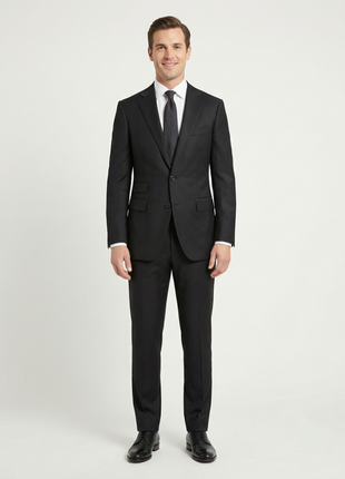 Napoli Slim Fit Solid Black Half Canvassed Wool Cashmere Suit Ticket Pocket Peak Lapel