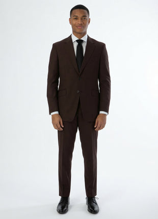 Mens Classic Fit Two Button 100% Wool Wrinkle Resistant Suit - Solid Brown - The Suit Depot