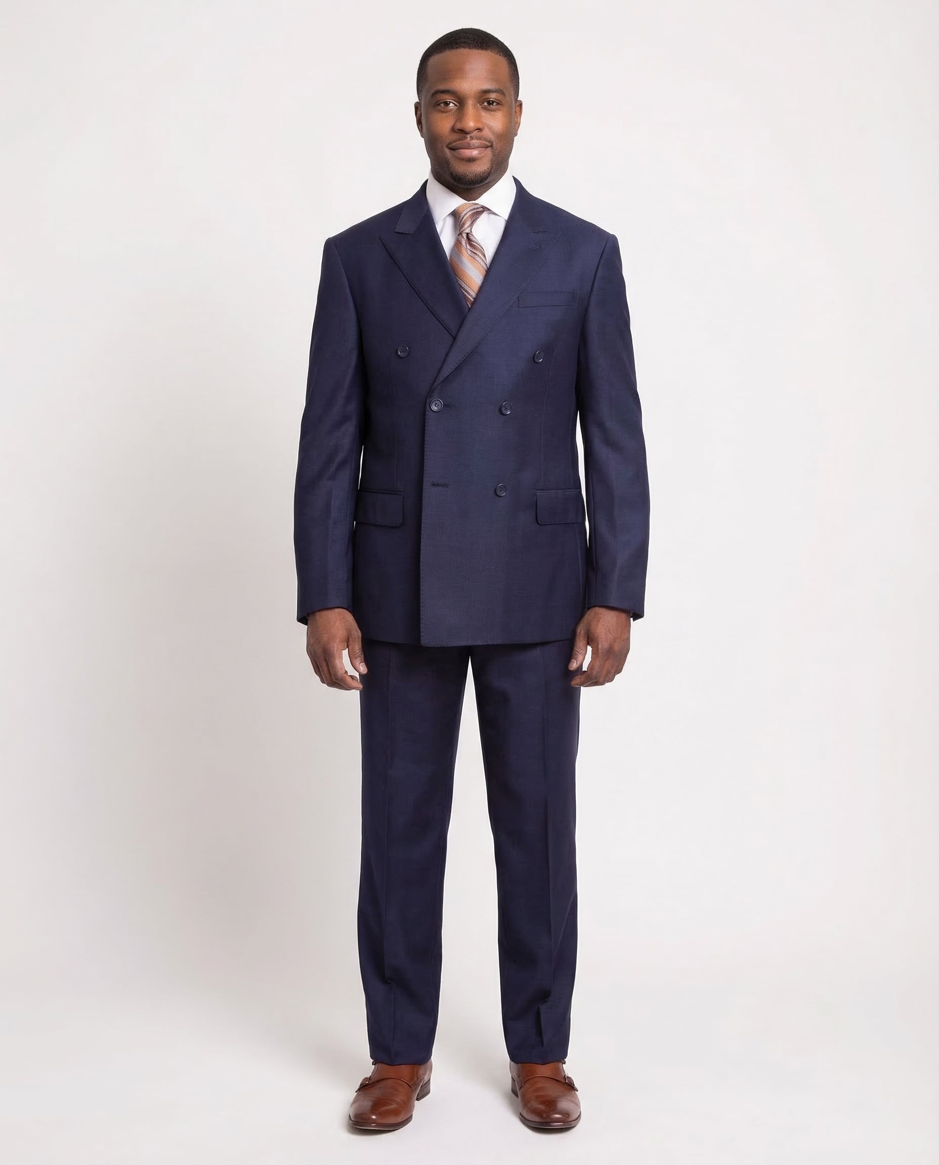 Mens Classic Fit Solid Navy Blue Double Breasted Wool Suit Peak Lapels, 54 / Regular