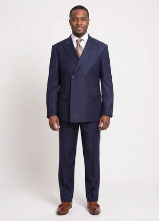Mens Classic Fit Solid Navy Blue Double Breasted Wool Suit Peak Lapels