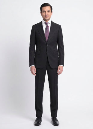 Napoli Slim Fit Solid Black Half Canvassed Wool Cashmere Suit With Peak Lapel