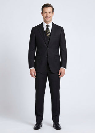 Apollo King Solid Black 100% Wool Classic Fit Three Piece Suit with Peak Lapels