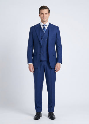 Apollo King Solid Blue 100% Wool Classic Fit 3 Piece Pleated Suit with Peak Lapels