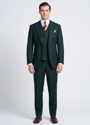 Apollo King Solid Green 100% Wool Classic Fit Three Piece Suit with Peak Lapels