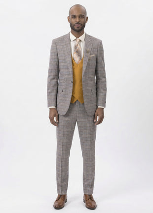 Kent & Park Men's Gray & Gold Plaid Classic Fit Three Piece Suit with Peak Lapels
