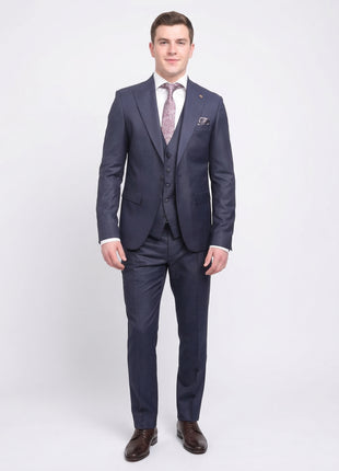 44R Cemden Slim Fit Blue Textured Check Two Button Three Piece Suit With Peak Lapels