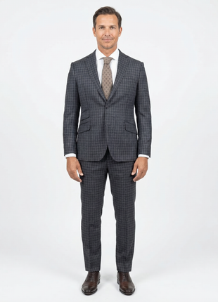 Slim Fit Grey Blue Check Light Flannel Reda Wool Suit