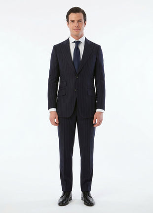 Sartoria Mazara Mens Classic Fit Navy Blue With Gray Pinstriped 100% Wool Suit With Peak Lapels - The Suit Depot