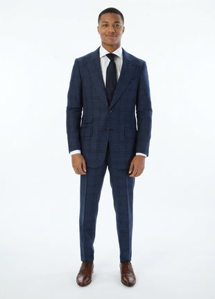 Sartoria Mazara Mens Slim Fit Navy Blue With Burgundy Check 100% Wool Suit With Peak Lapels