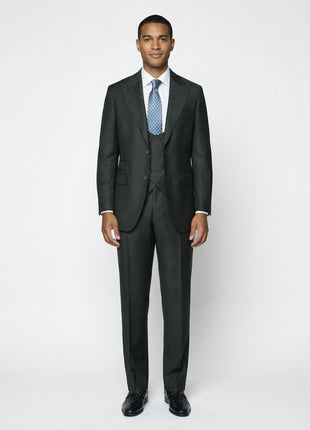 Beragamo Elegant Men's Solid Olive 100% Wool Classic Fit Vested Suit