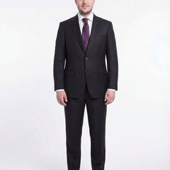 Mens Regular Fit Solid Black Two Button Half Canvassed Super 150s Wool Suit - The Suit Depot