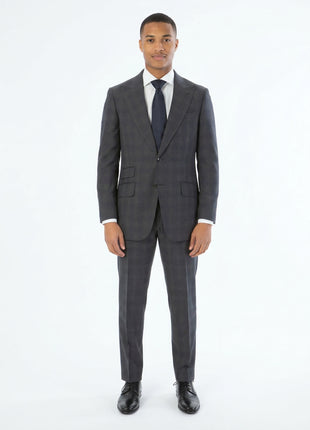 Sartoria Mazara Mens Classic Fit Gray With Blue Check 100% Wool Suit With Peak Lapels