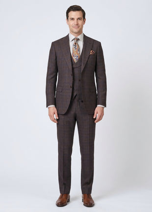 Apollo King Mens Brown Plaid Regular Fit 100% Wool 3 Piece Suit With Peak Lapels