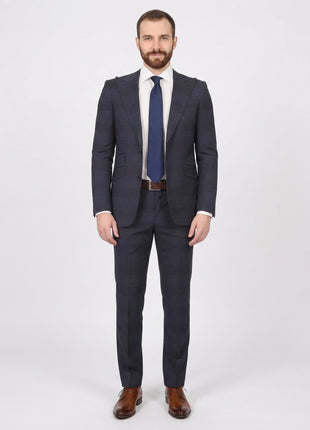 Napoli Mens Blue Plaid Half Canvassed Wool Slim Fit Suit With Peak Lapels