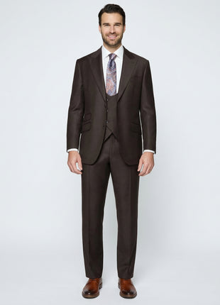 Beragamo Elegant Men's Solid Brown 100% Wool Classic Fit Vested Suit - The Suit Depot
