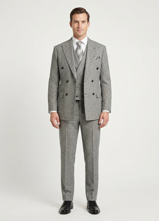 Apollo King Mens Classic Fit Black Check Double Breasted 100% Wool 3 Piece Suit