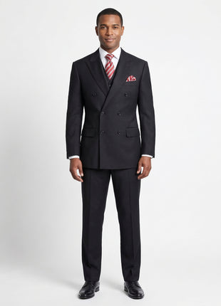Apollo King Mens Classic Fit Solid Black Double Breasted 100% Wool 3 Piece Suit