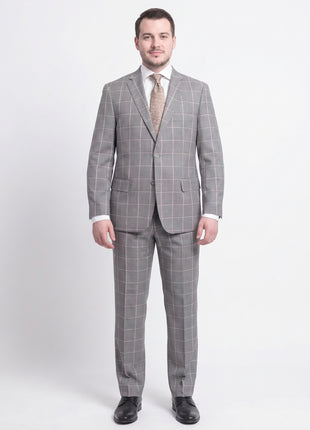 Mens Classic Fit Gray Step With Gray & Taupe Windowpane Two Button Wool Suit - The Suit Depot
