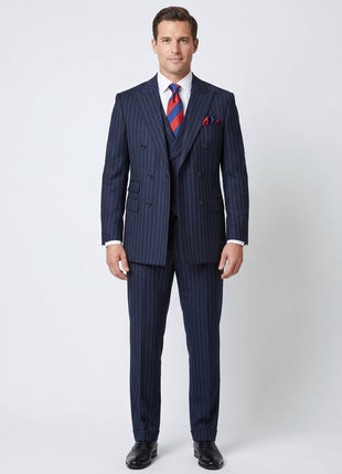 Apollo King Mens Navy Blue Pinstriped Double Breasted 3 Piece Pleated Wool Suit