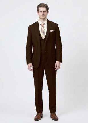 Kent & Park Solid Brown Regular Fit Two Button 3 Piece Suit With Peak Lapels