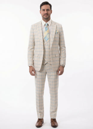 Kent & Park Mens Tan & Teal Plaid Classic Fit 3 Piece Suit