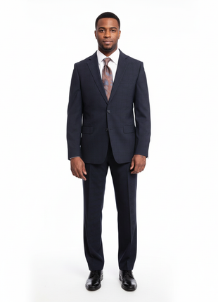 Steven Land Classic Fit Navy Blue Plaid Two Button Wool Suit - The Suit Depot