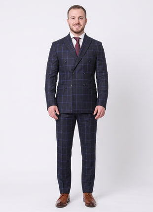 Carducci Mens Navy Blue Windowpane 100% Wool Flannel Slim Fit Suit