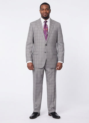 Blujacket Mens Gray Plaid Wool & Silk Blend Regular Fit Suit - The Suit Depot