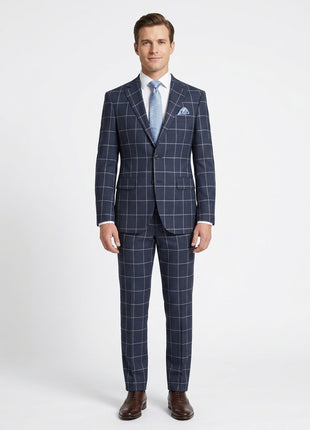 Mens Dark Blue Check Slim Fit 100% VBC Wool Prehemmed Suit