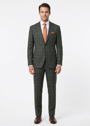 Mens Dark Green Plaid Slim Fit 100% VBC Wool Prehemmed Suit