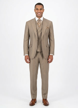 Apollo King Mens Classic Fit Tan 100% Wool 3 Piece Pleated Suit With Peak Lapels