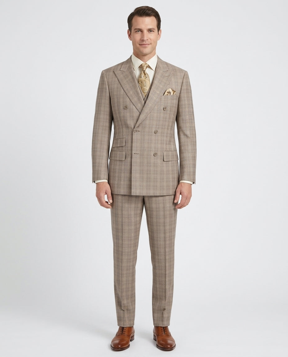Apollo King Mens Brown Plaid Classic Fit 100% Wool Double Breasted 3 Piece Suit, 50 / Regular