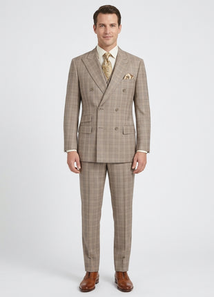 Apollo King Mens Brown Plaid Classic Fit 100% Wool Double Breasted 3 Piece Suit