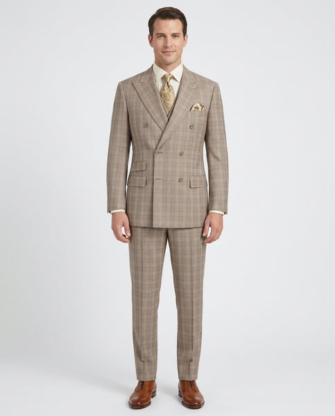 Apollo King Mens Brown Plaid Classic Fit 100% Wool Double Breasted