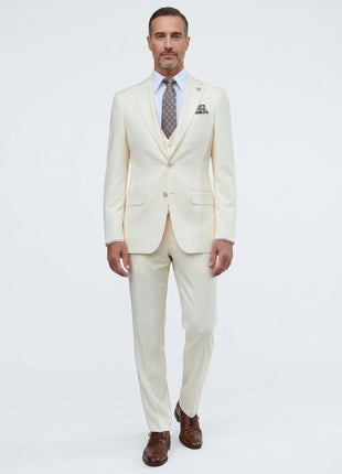 Romaster Mens Solid Cream Slim Fit Stretch Wool Blend 3 Piece Suit