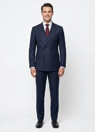 Tovaglia Mens Blue Pinstriped Classic Fit Peak Lapel Double Breasted Wool Suit